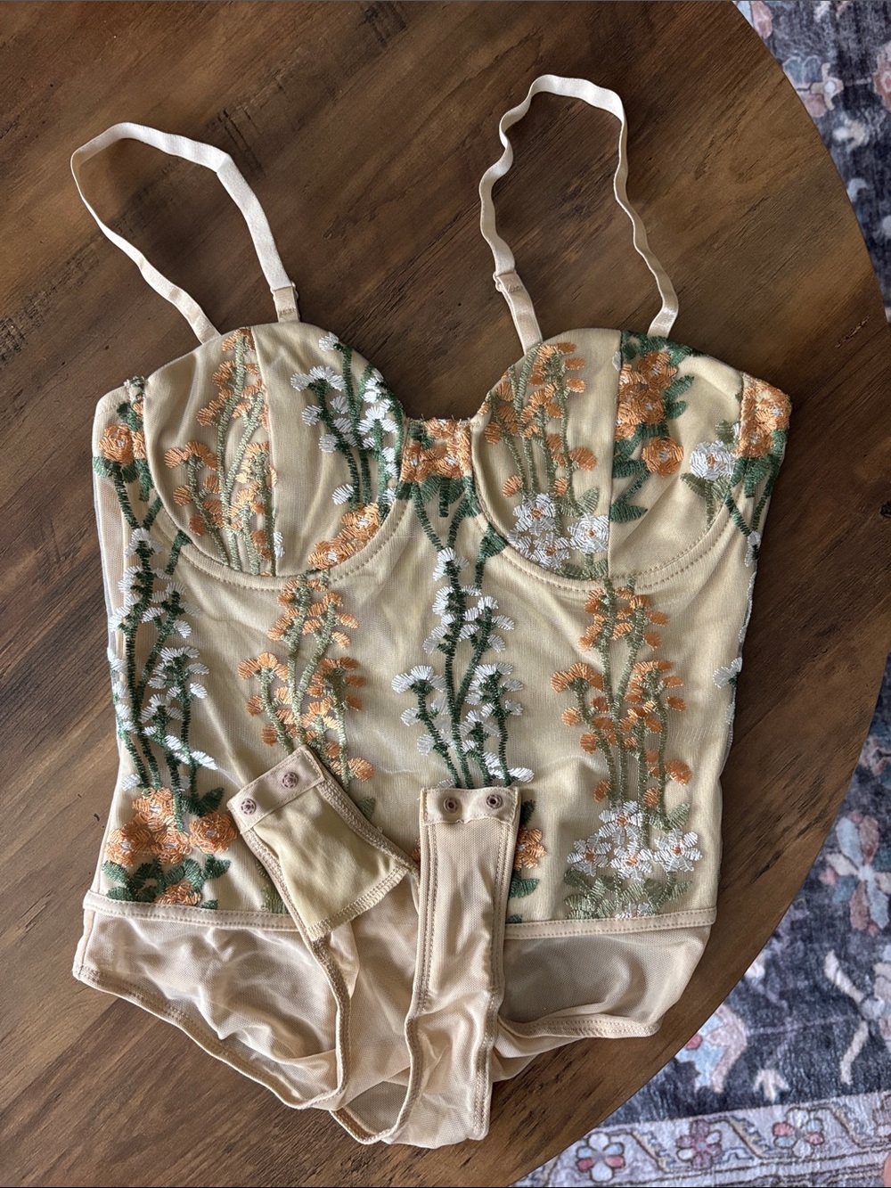 Lulu's Beige Floral Embroidered Bustier Bodysuit - Picture 4 of 11